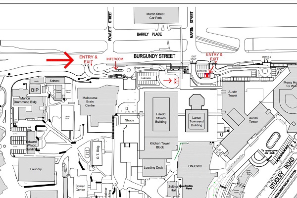 Over-sized vehicle accessible parking map showing entrances on Burgundy Street, the location of the intercom and the parking bays